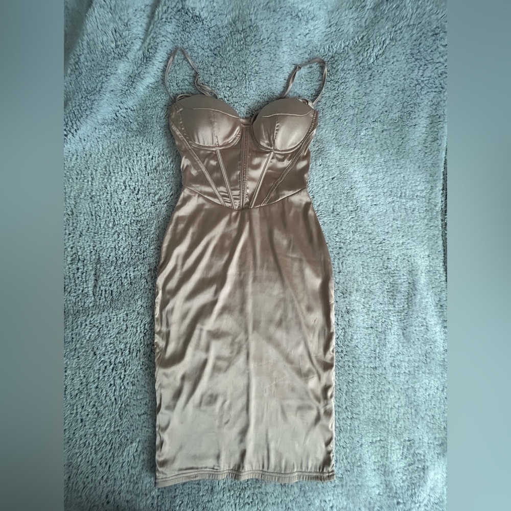 Satin Bustier Midi Dress in Taupe